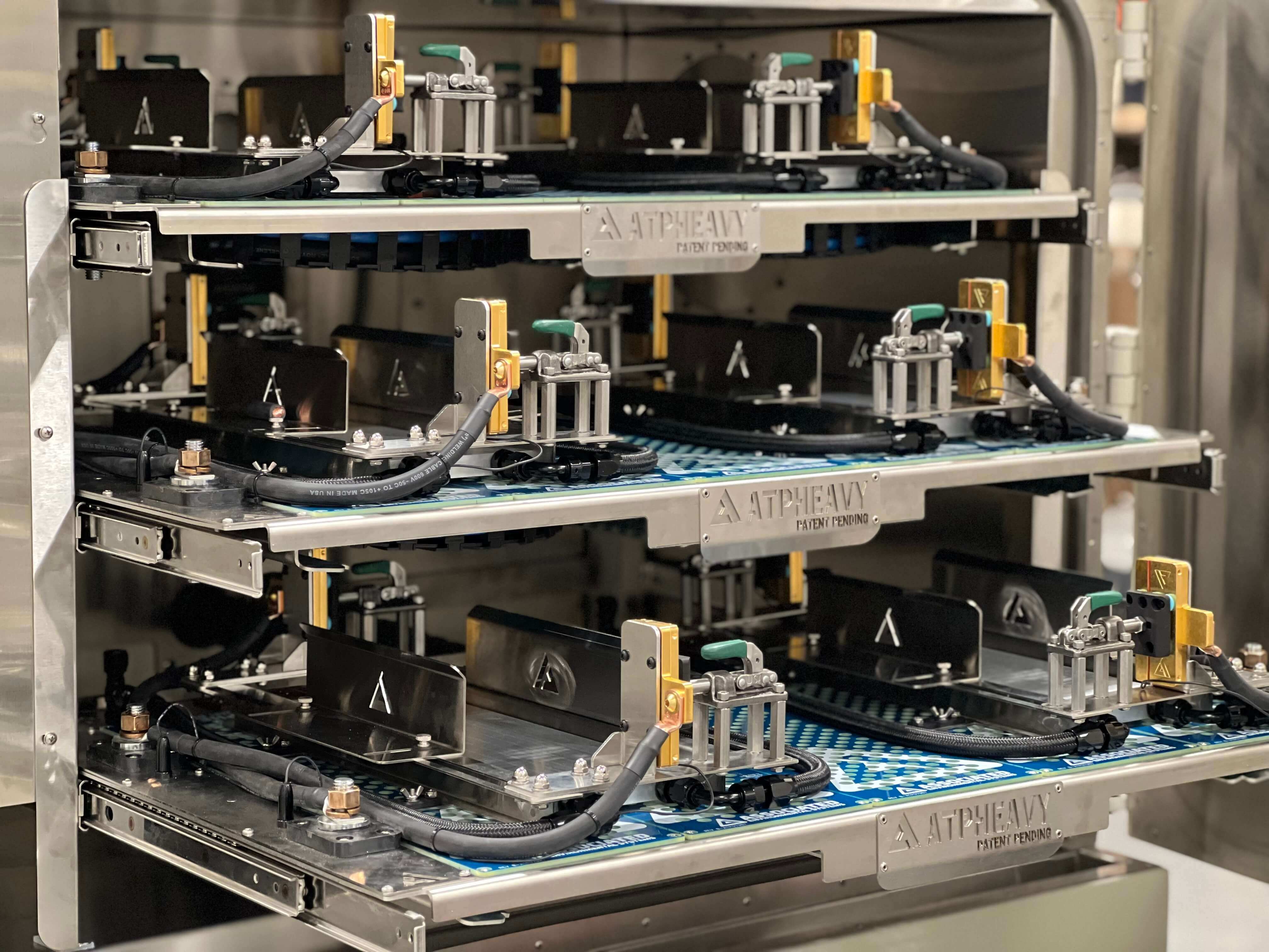 Close up of AES ATP battery testing fixture built for automotive industry